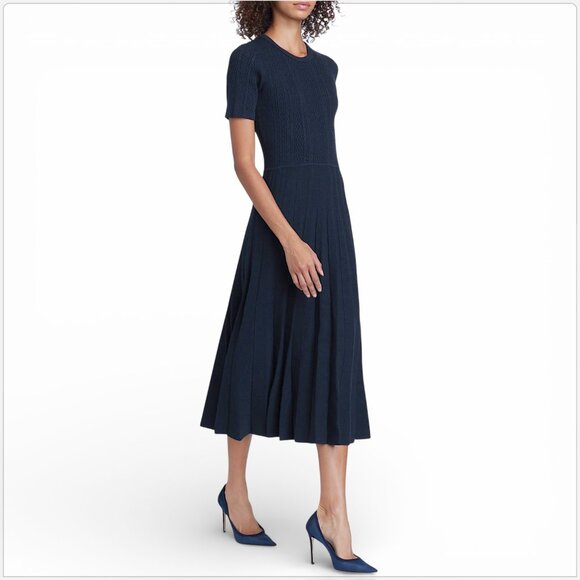 Jason Wu Collection Navy Mixed Stitch Midi Sweater Dress Cableknit Pleated L - Picture 2 of 9